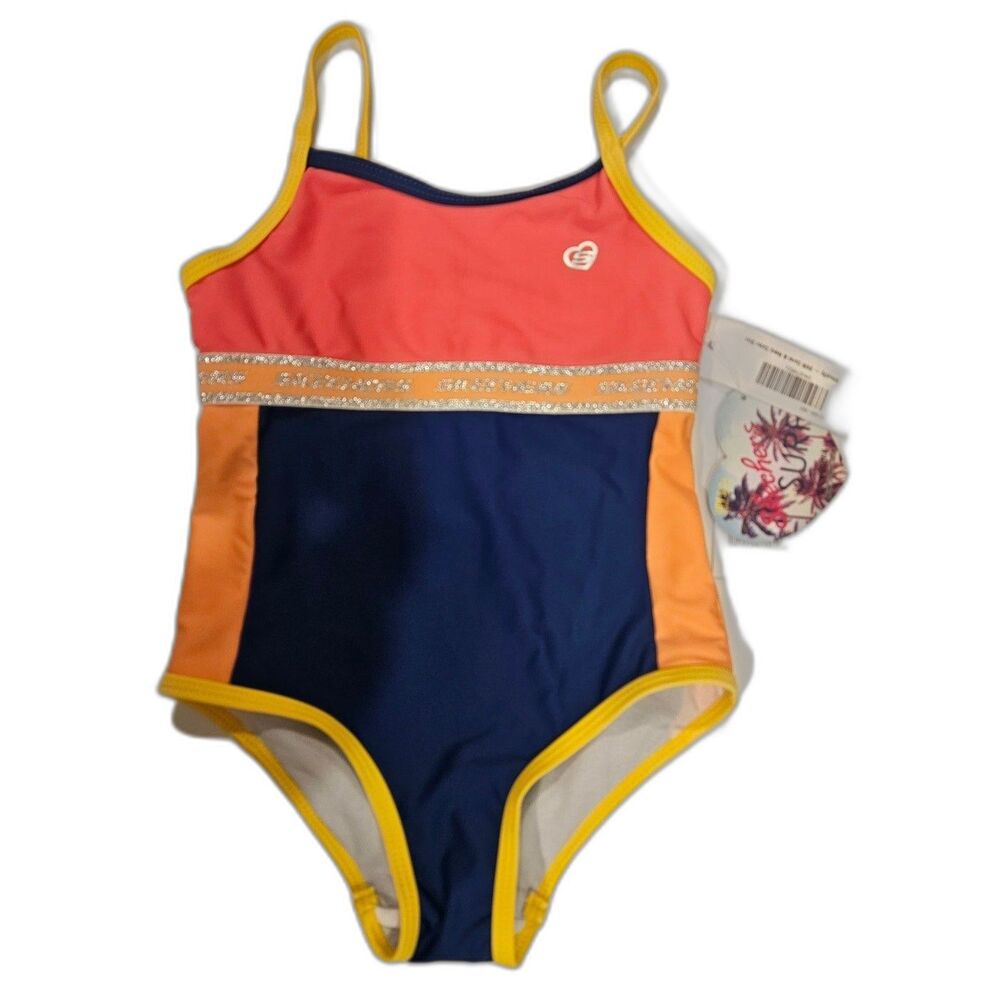 NWT Skechers Girls Pink Orange Blue One Piece Swimsuit UPF 50, Size 24 M